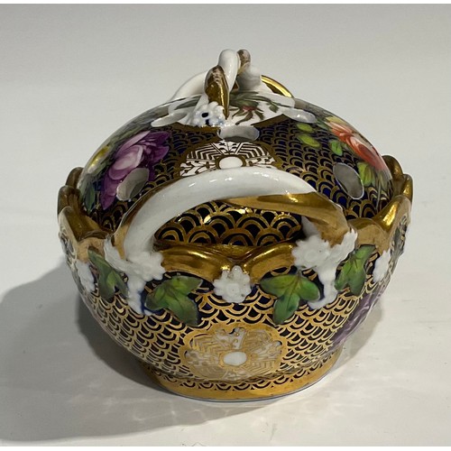 147 - A Spode basket shaped violeteer or pot pourri vase and cover, finely painted in coloured enamels wit... 