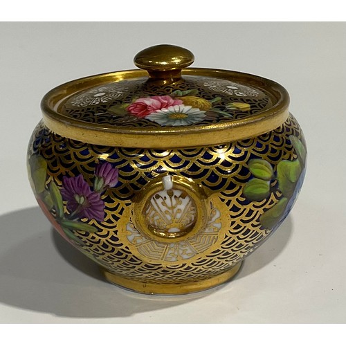 149 - A Spode compressed globular jar and cover, finely painted in coloured enamels with flowers and leave... 