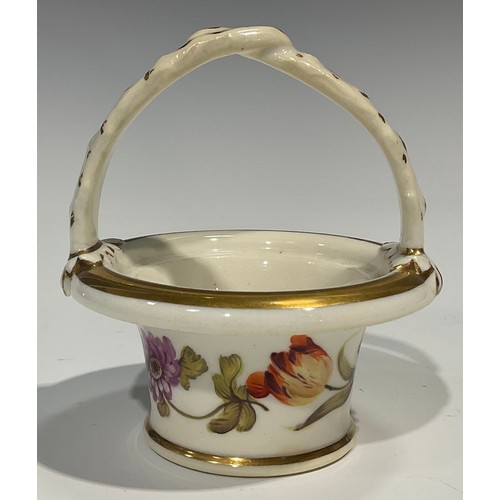 140 - A Rockingham pot pourri basket, with overhanging rim, painted with flowers, naturalistically moulded... 