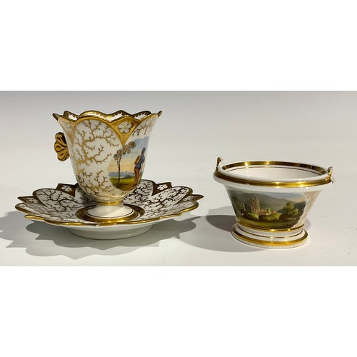 124 - A Flight, Barr & Barr cabinet cup and saucer, the cup painted with a gentleman traveller, with gilt ... 