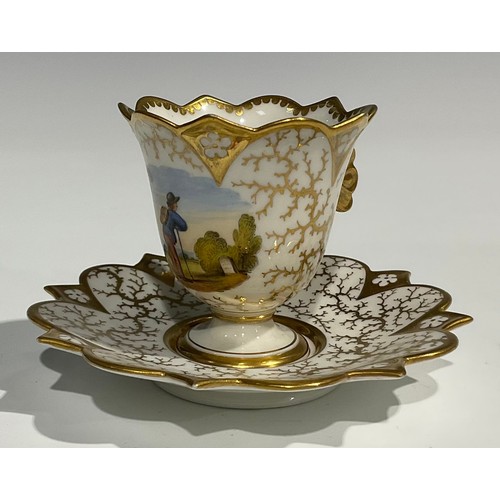 124 - A Flight, Barr & Barr cabinet cup and saucer, the cup painted with a gentleman traveller, with gilt ... 