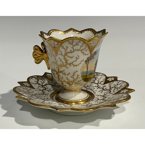 124 - A Flight, Barr & Barr cabinet cup and saucer, the cup painted with a gentleman traveller, with gilt ... 