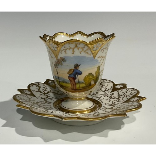 124 - A Flight, Barr & Barr cabinet cup and saucer, the cup painted with a gentleman traveller, with gilt ... 