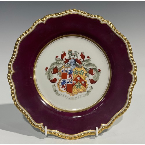 125 - A Flight, Barr & Barr Worcester armorial shaped circular dessert plate, the centre painted in polych... 