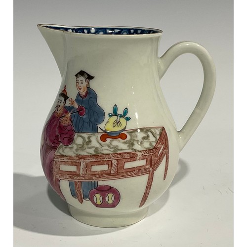 204 - A Worcester Conjurer pattern sparrow beak jug, decorated in polychrome with two Chinese figures at a... 