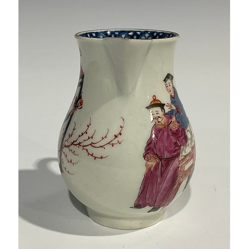 204 - A Worcester Conjurer pattern sparrow beak jug, decorated in polychrome with two Chinese figures at a... 