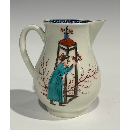 204 - A Worcester Conjurer pattern sparrow beak jug, decorated in polychrome with two Chinese figures at a... 