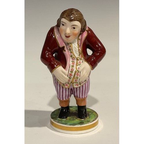 252 - A Sampson Hancock Derby figure, The Laughing Philosopher, 12cm high, painted puce mark, early 20th c... 