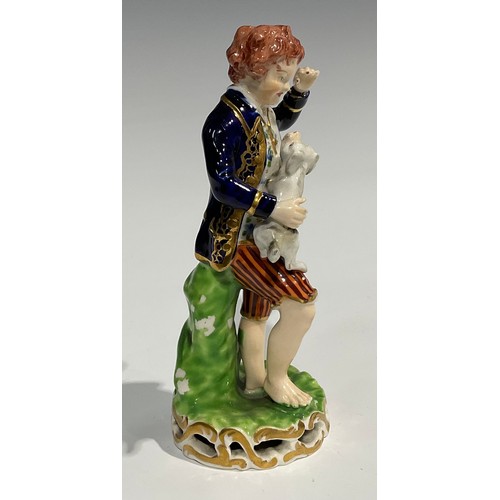 246 - A pair of Derby figures, of a boy and girl, he stands wearing a blue jacket and striped breeches hol... 