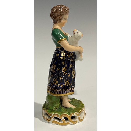 246 - A pair of Derby figures, of a boy and girl, he stands wearing a blue jacket and striped breeches hol... 