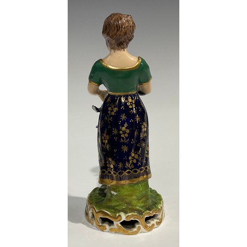 246 - A pair of Derby figures, of a boy and girl, he stands wearing a blue jacket and striped breeches hol... 