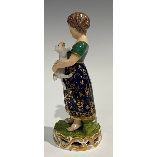 246 - A pair of Derby figures, of a boy and girl, he stands wearing a blue jacket and striped breeches hol... 