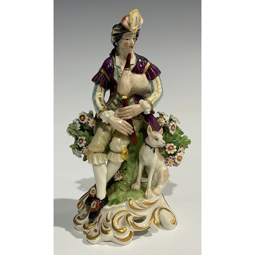 250 - A pair of Derby type figures, of musicians, both in fanciful dress, she with lute, a sheep at her fe... 