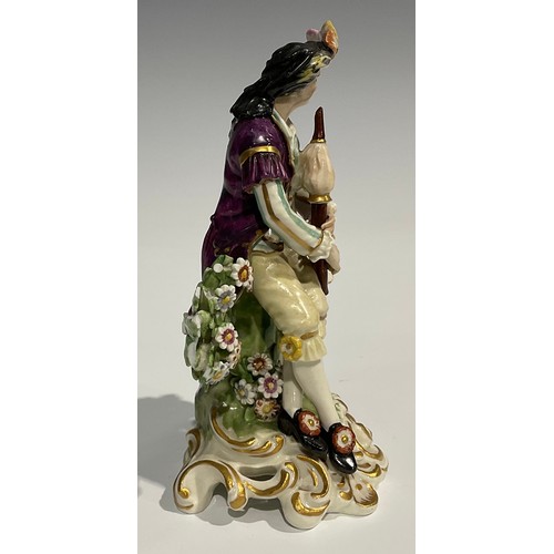 250 - A pair of Derby type figures, of musicians, both in fanciful dress, she with lute, a sheep at her fe... 