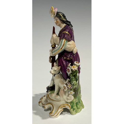 250 - A pair of Derby type figures, of musicians, both in fanciful dress, she with lute, a sheep at her fe... 