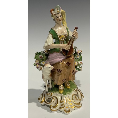 250 - A pair of Derby type figures, of musicians, both in fanciful dress, she with lute, a sheep at her fe... 