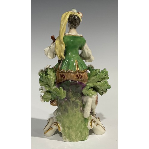 250 - A pair of Derby type figures, of musicians, both in fanciful dress, she with lute, a sheep at her fe... 