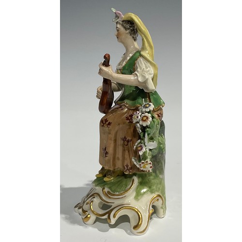 250 - A pair of Derby type figures, of musicians, both in fanciful dress, she with lute, a sheep at her fe... 