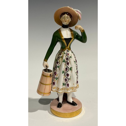 177 - A Chamberlains Worcester figure, of a milkmaid, she stands wearing a bonnet, green bodice and floral... 