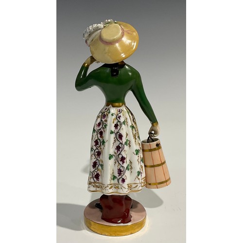 177 - A Chamberlains Worcester figure, of a milkmaid, she stands wearing a bonnet, green bodice and floral... 