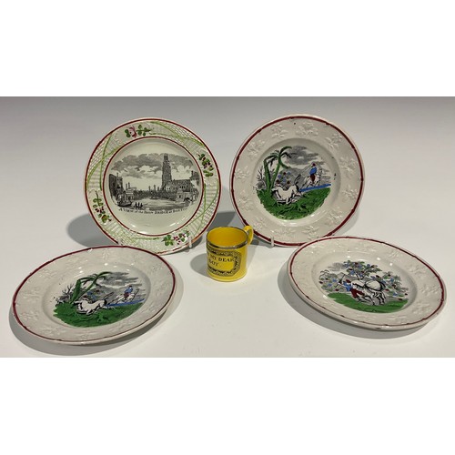 335 - A set of three Staffordshire nursery plates, The Horse and The Donkey, printed in monochrome and pic... 