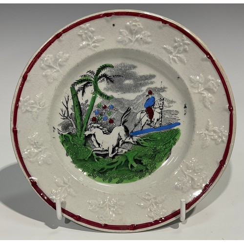 335 - A set of three Staffordshire nursery plates, The Horse and The Donkey, printed in monochrome and pic... 