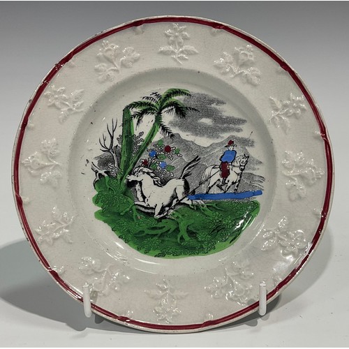 335 - A set of three Staffordshire nursery plates, The Horse and The Donkey, printed in monochrome and pic... 