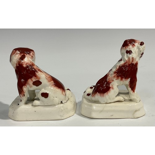 334 - A pair of Staffordshire Spaniels, seated to the left and right, picked out in rust brown, gilt lined... 