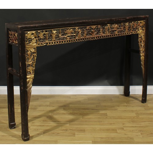 2035 - A Chinese painted softwood altar table, rectangular top above a giltwood apron pierced and carved wi... 