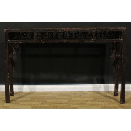 2035 - A Chinese painted softwood altar table, rectangular top above a giltwood apron pierced and carved wi... 