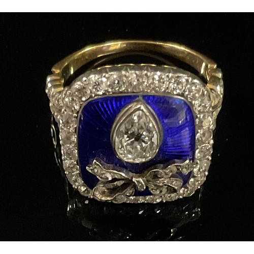 1310 - A 19th century diamond and guilloche enamelled ring, principle pear diamond approx 0.35ct mounted be... 