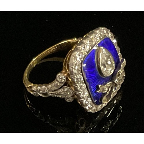 1310 - A 19th century diamond and guilloche enamelled ring, principle pear diamond approx 0.35ct mounted be... 