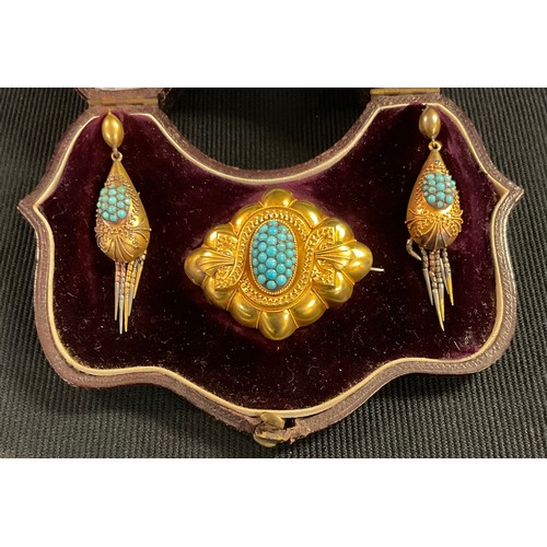 1471 - A Victorian turquoise brooch and earring suite,  the oval brooch set with a cluster of circular turq... 