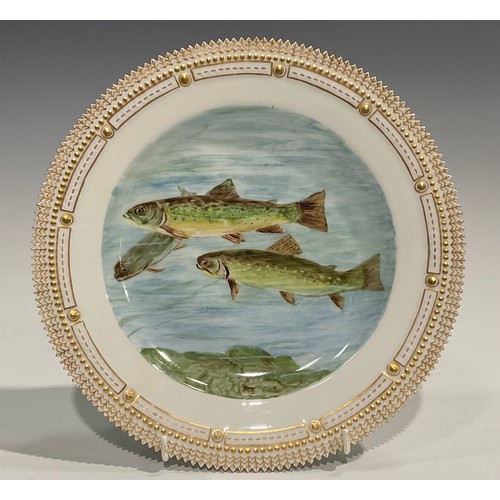 308 - A Royal Copenhagen plate, painted with Brook Trout, gilt serrated rim, 25.5cm diameter, underglaze b... 