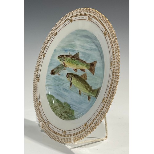 308 - A Royal Copenhagen plate, painted with Brook Trout, gilt serrated rim, 25.5cm diameter, underglaze b... 