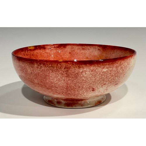 105 - A Moorcroft circular pedestal bowl, glazed in mottled iron red and yellow tones, 25cm diameter, impr... 