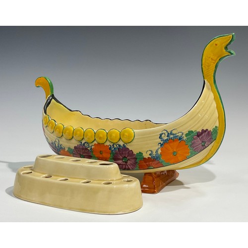 91 - A Clarice Cliff Bizarre Gayday pattern table centre, modelled as a Viking long boat, with removable ... 