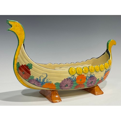 91 - A Clarice Cliff Bizarre Gayday pattern table centre, modelled as a Viking long boat, with removable ... 