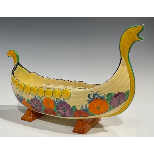 91 - A Clarice Cliff Bizarre Gayday pattern table centre, modelled as a Viking long boat, with removable ... 