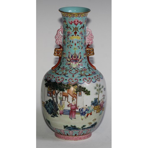 398 - A Chinese ovoid ovoid vase, painted in polychrome enamels with children at play outside a pagoda, th... 