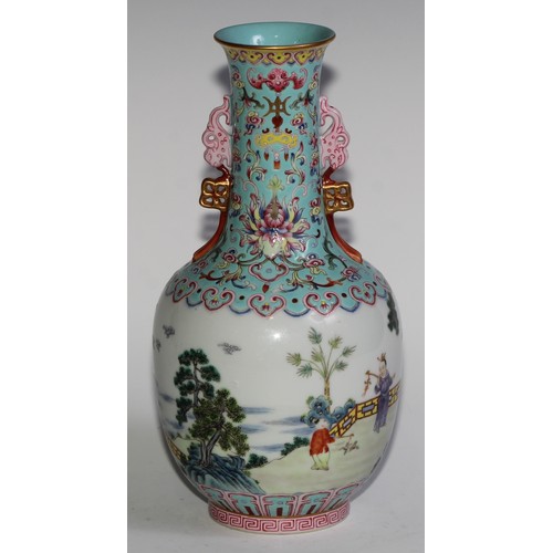 398 - A Chinese ovoid ovoid vase, painted in polychrome enamels with children at play outside a pagoda, th... 