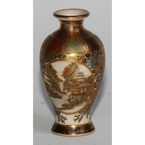 436 - A Japanese satsuma miniature baluster vase, typically painted and gilt with figures, landscape and f... 