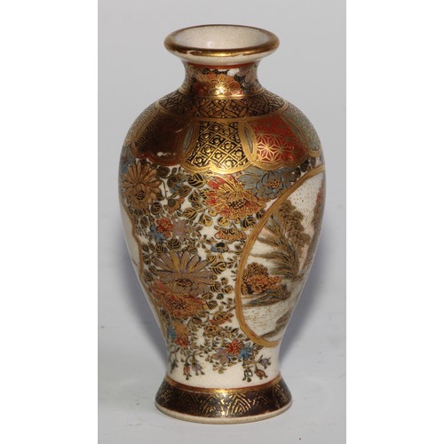 436 - A Japanese satsuma miniature baluster vase, typically painted and gilt with figures, landscape and f... 