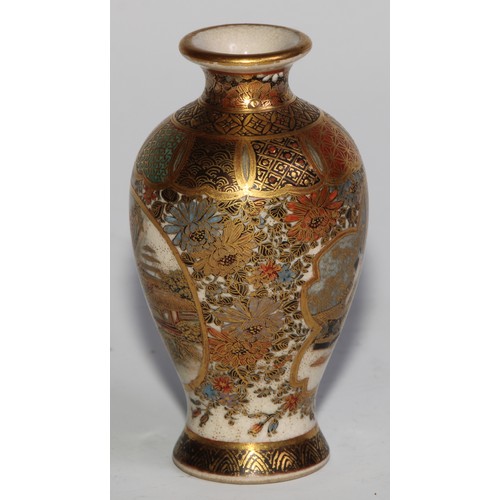 436 - A Japanese satsuma miniature baluster vase, typically painted and gilt with figures, landscape and f... 