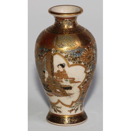 436 - A Japanese satsuma miniature baluster vase, typically painted and gilt with figures, landscape and f... 