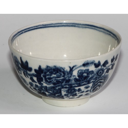 152 - A Worcester Fence pattern tea bowl, transfer printed in tones of underglaze blue, 8cm diam, crescent... 