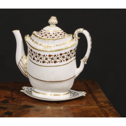 180 - A Flight & Barr Worcester teapot and stand, decorated in brown and gilt with scrolling leaves, 22cm ... 