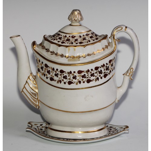 180 - A Flight & Barr Worcester teapot and stand, decorated in brown and gilt with scrolling leaves, 22cm ... 