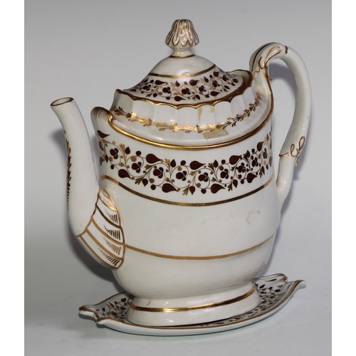 180 - A Flight & Barr Worcester teapot and stand, decorated in brown and gilt with scrolling leaves, 22cm ... 