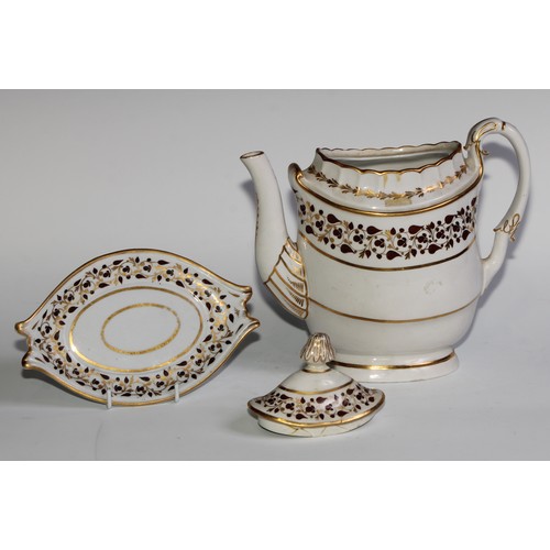 180 - A Flight & Barr Worcester teapot and stand, decorated in brown and gilt with scrolling leaves, 22cm ... 